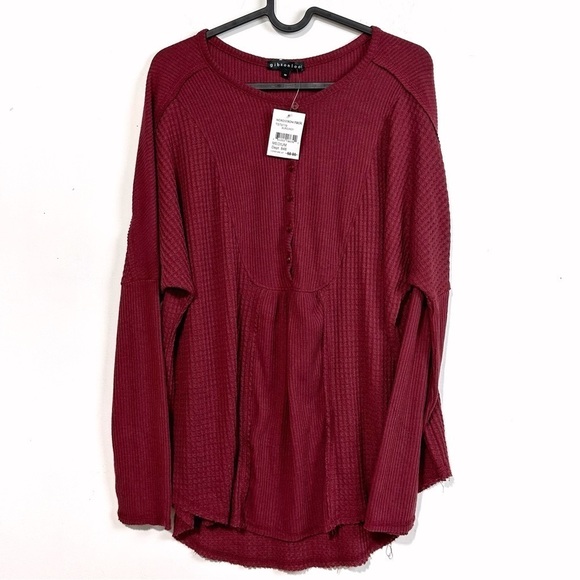 Gibsonlook Mixed Rib Waffle Knit Henley Top In Burgundy Women’s Size M NEW - Picture 1 of 11